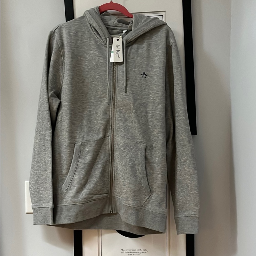 Original Penguin Gray Mens Zip up hoodie FLEECE EMBROIDERED PETE FULL ZIP HOODIE